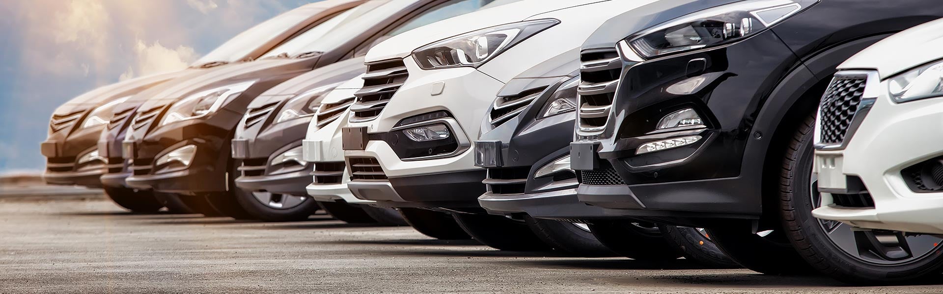 Row of vehicles parked at a dealership lot.